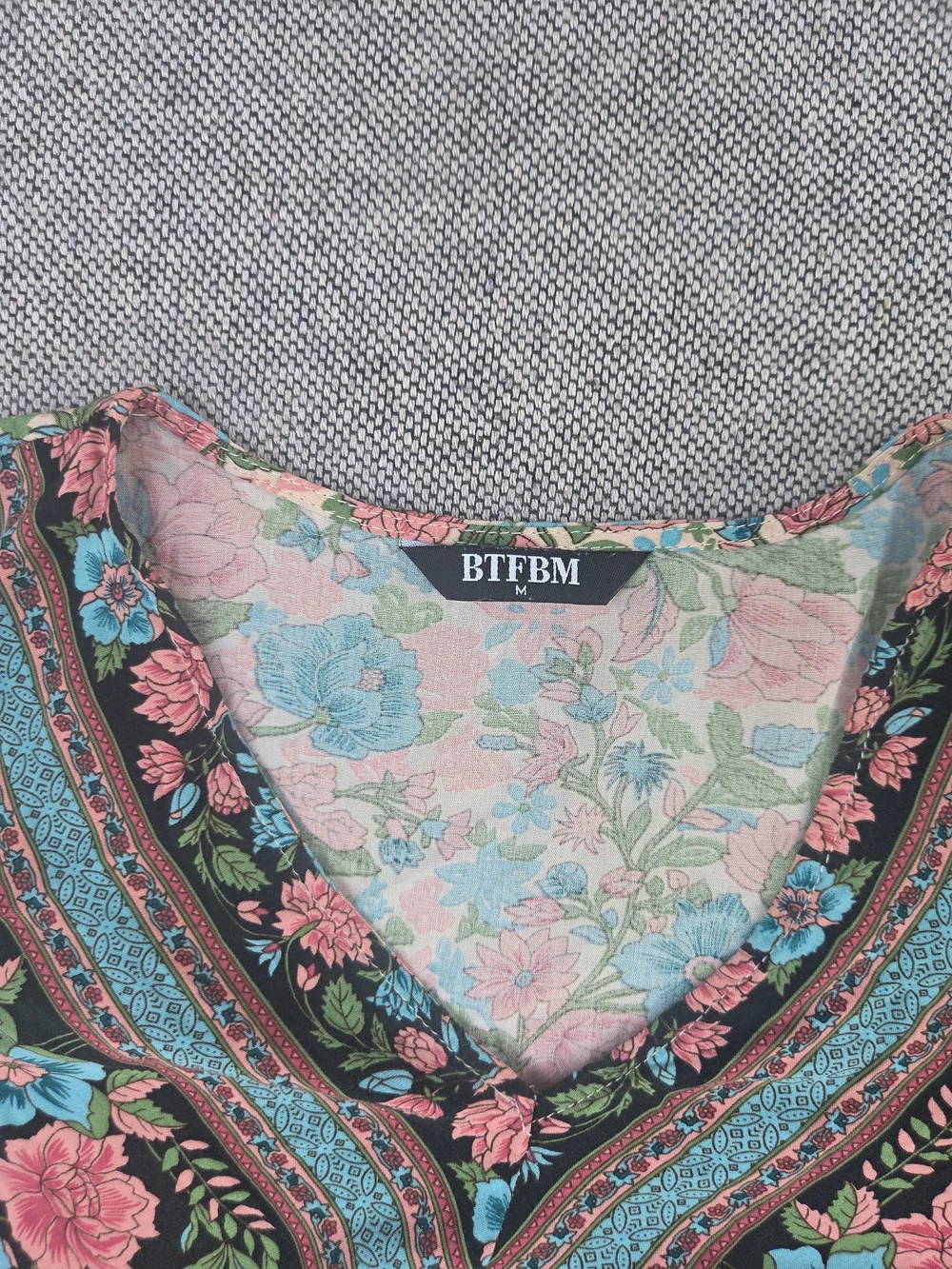 BTFBM Floral Boho Babydoll Mini Dress Pink Blue Long Sleeve V-Neck Size M - Picture 13 of 14